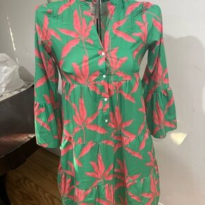 Green and Pink Buttoned Midi Sundress with Bell Sleeves